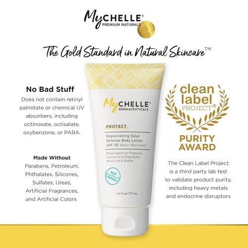MyCHELLE Dermaceuticals SPF 50 Replenishing Solar Defense Body Lotion - Moisturizing, Reef Safe Sunscreen (6 Fl Oz)