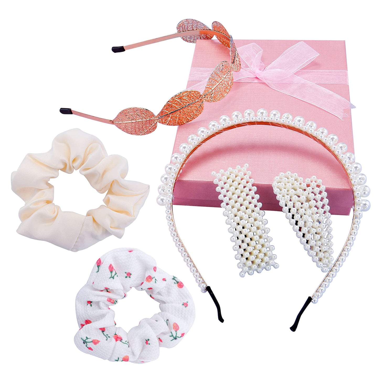 Wismee Pearl Headband Hair Accessories Set Leaf Headband White Faux Pearl Rhinestones Hair Clips Girls Elegant Hair Accessories Kit with Large intestine Hair Ring for Party Wedding Daily (#2)