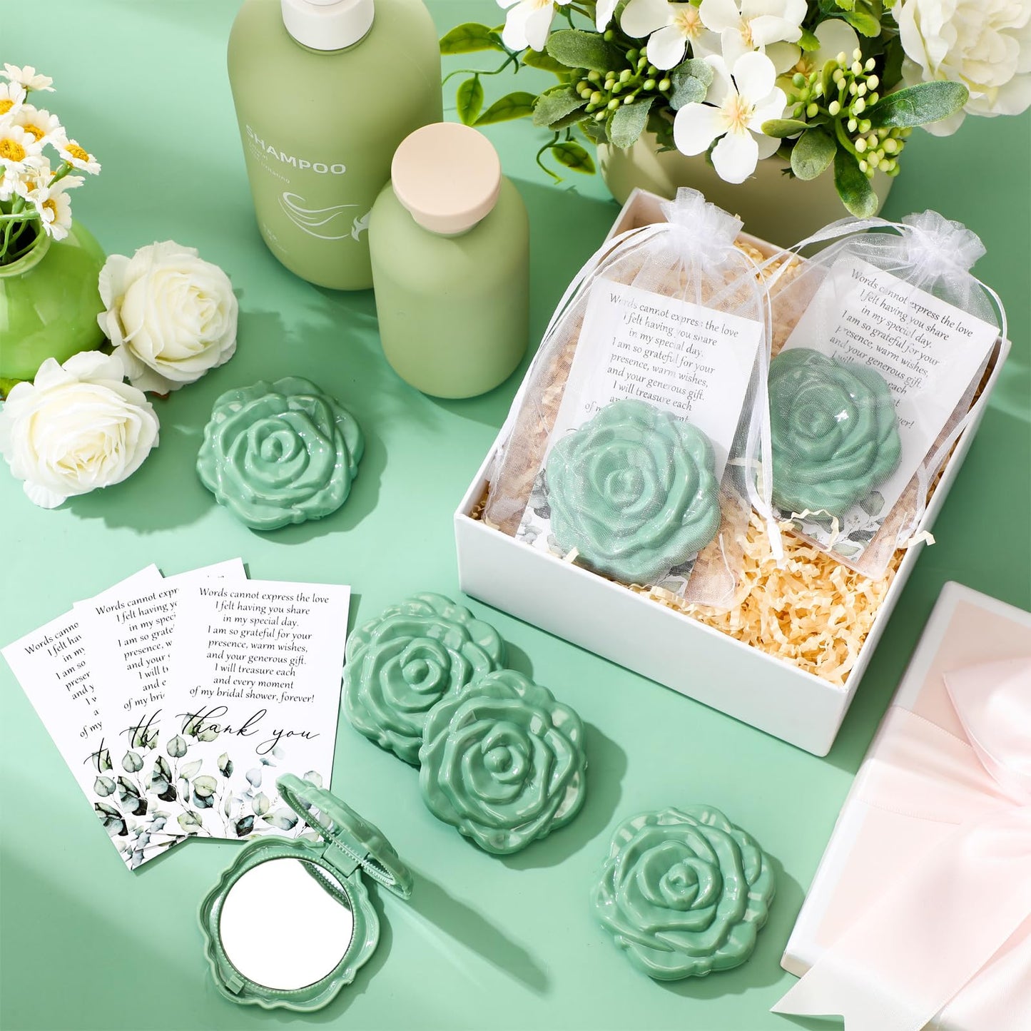 FoldTier 50 Sets Bridal Shower Party Favors for Guests Small Rose Compact Mirror Bulk Wedding Favors Thank You Cards and Organza Bags Wedding Party Guests Souvenir Gift (Green)