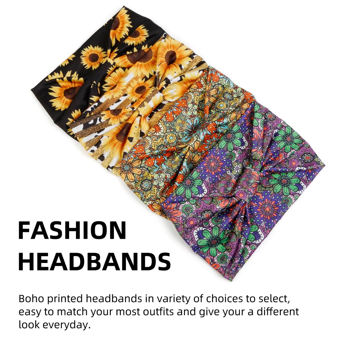 Huachi 4 Packs Boho Headbands for Women Wide Sunflower Thick Head Bands for Women's Hair Flower Printed Elastic Hairbands Large African Sport Yoga Turban Headband Hair Accessories (Pack of 4)