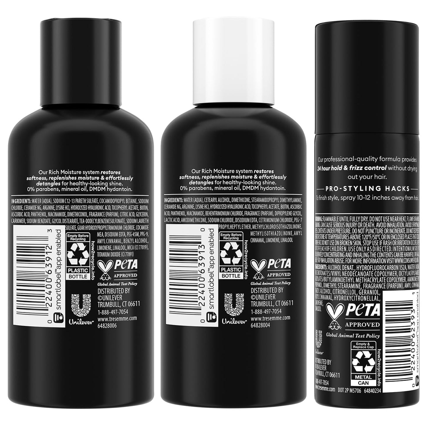 TRESemmé Travel Essentials Hair Care Set - Rich Moisture Shampoo, Conditioner & Hairspray for Heat Protection