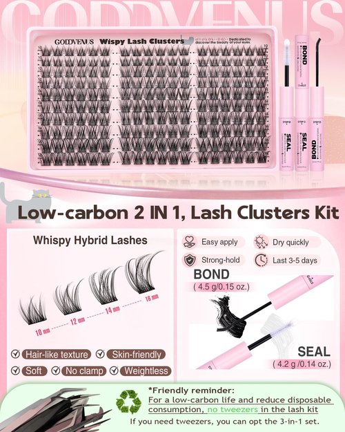 Goddvenus Lash Clusters Kit Wispy Cluster Eyelash Extensions Kit Natural DIY Lash Extension Kit 10-16mm Eyelashes Clusters 180pcs C Curl Individual Lashes Cluster Eyelash (No Tweezers)