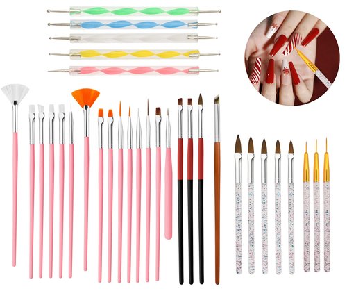 Professional 32PCS Nail Art Brush Set - Premium Nylon Bristle Dotting Pens, Striping Liner Brushes, Detailing Tools & Dust Cleaner for Salon & DIY Manicure