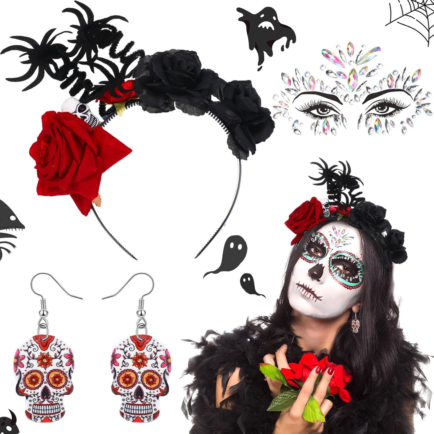 Riceshoot 3 Pcs Day of the Dead Costumes Accessories for Women Halloween Headbands Skull Earrings Gems(Spider Design)