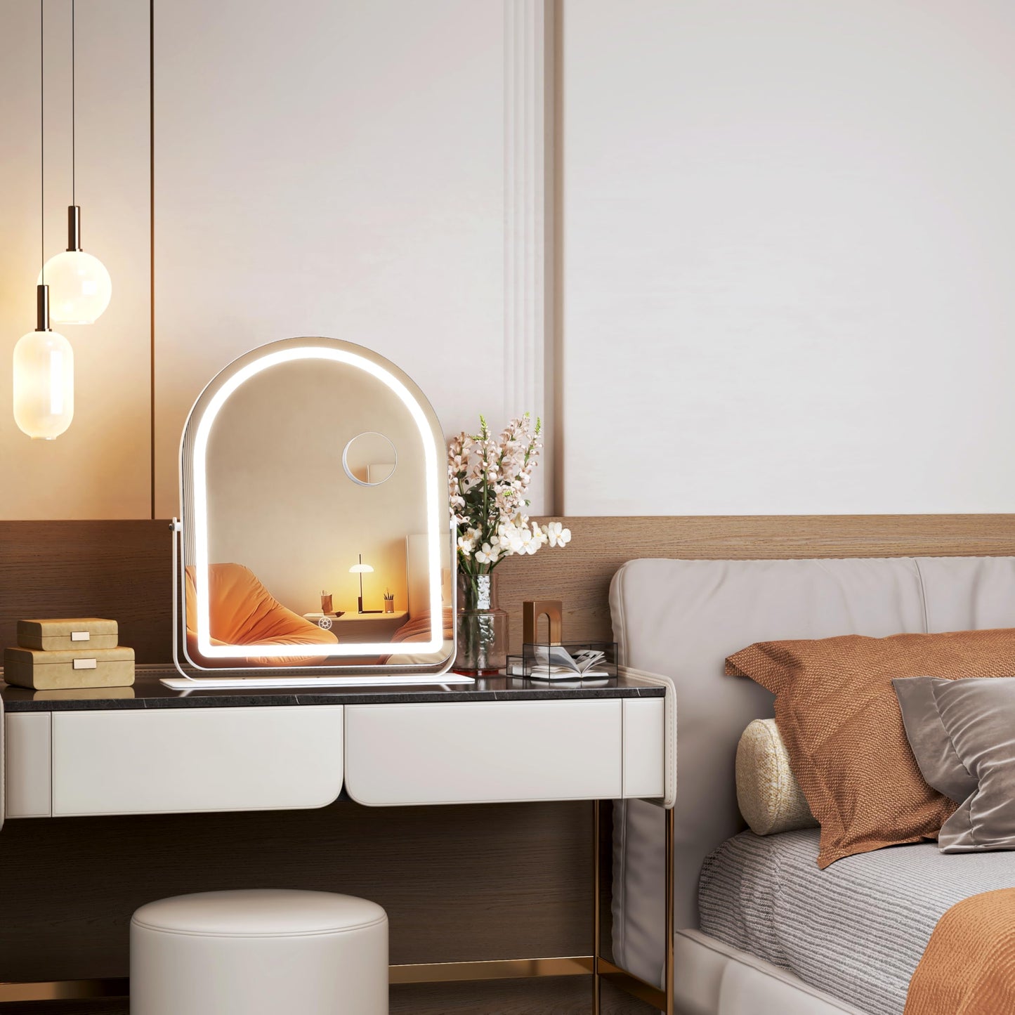 Hasipu Vanity Mirror with Lights, 12"× 13.8" Arched LED Makeup Tabletop Mirror, Lighted Makeup Mirror with Lights, Smart Touch Control Dimmable 3 Modes Light 360°Rotation White