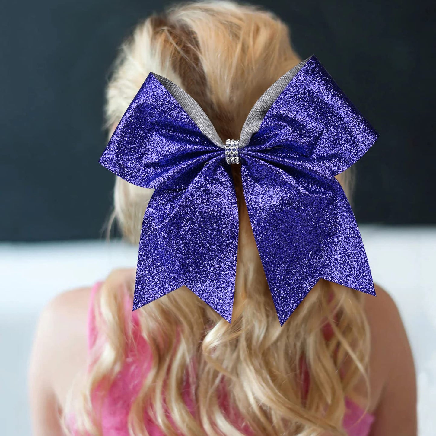 12 PCS Large Glitter Cheer Bows Blue Rhinestones 8" Sparkly Hair Bow Cheerleading Softball Team Bow Hair Accessories for cheerleaders football Competition Sports