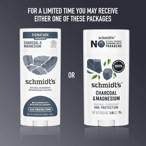 Schmidt's Charcoal & Magnesium Vegan Deodorant - 24 Hour Odor Protection, Natural Ingredients, 2.65 oz