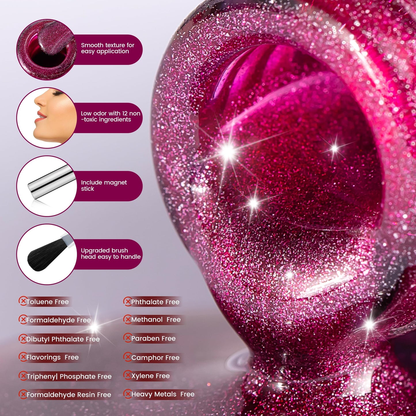 YTD Likomey Cat Eye Gel Nail Polish,15ml Bright Plum Pink Holographic Translucent Neutral Velvet Jelly Sheer Magnetic Dragon Fruit Shimmer Glitter UV Gel with Magnet Stick,MY378
