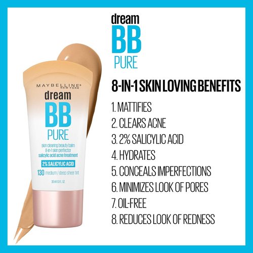 Maybelline Dream Pure BB Cream - 8-in-1 Skin Perfecting Beauty Balm with 2% Salicylic Acid | Oil-Free, Sheer Tint, 1 Count