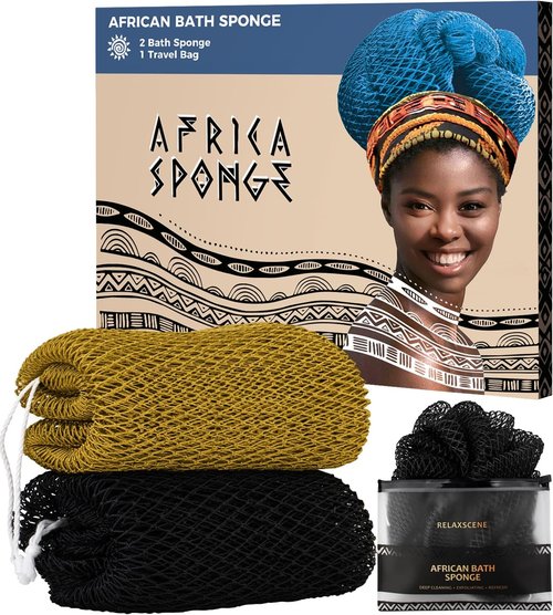 African Net Sponge - Authentic Black & AntiGolden Bath Sponges - Exfoliating Body Scrubber Set of 2