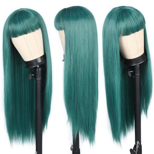 WIGER Long Green Wigs with Bangs Straight Dark Green Hair Wig for Women Long Bangs wig Full Green Cosplay Wig for Girls Synthetic Natural Hair for Daily or Costumes (Green with Bangs)