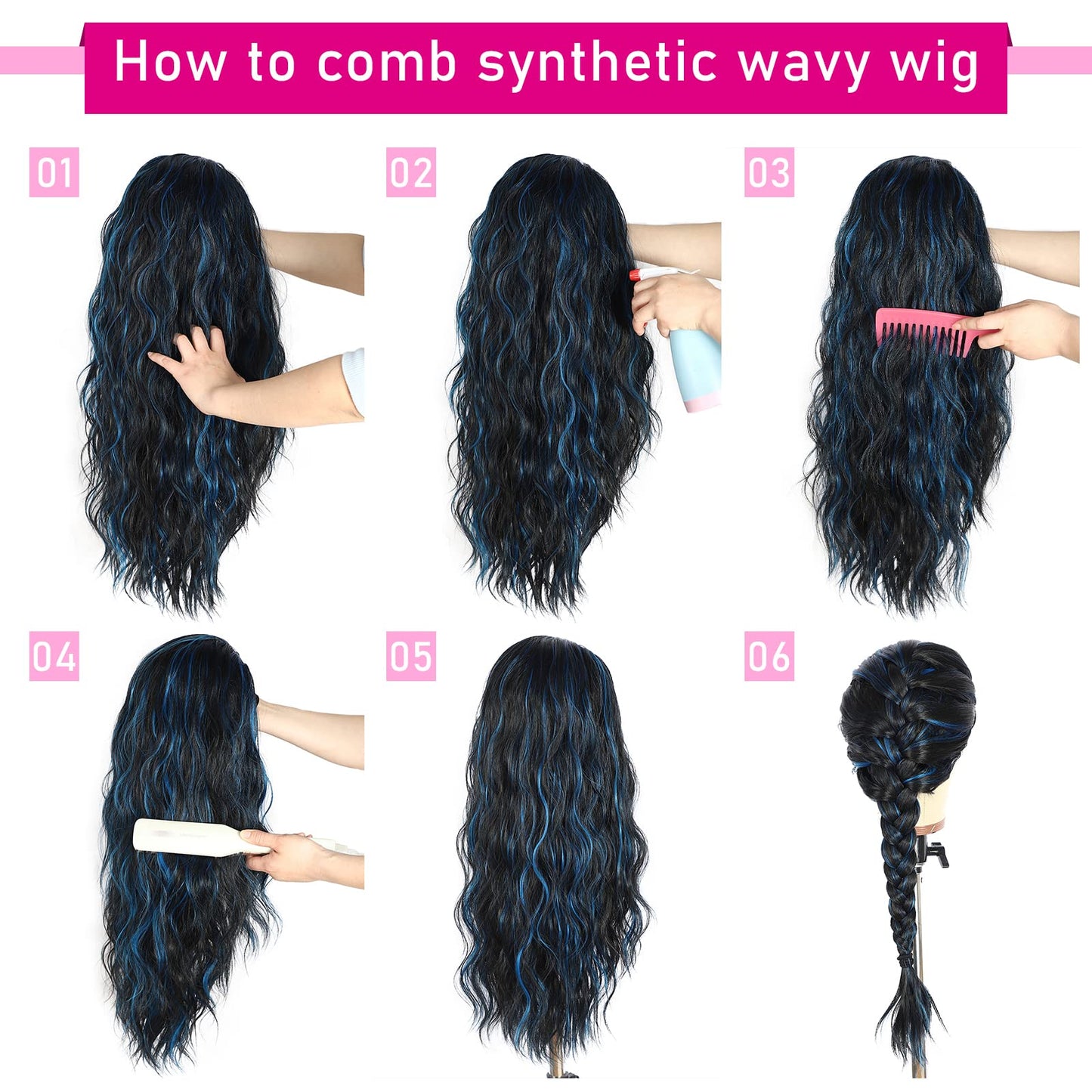 SAPPHIREWIGS Loose Body Wave Wig with Headband Attached Black Mix Blue Highlight Color Glueless Synthetic Headband Wig for Black Women 26 inches