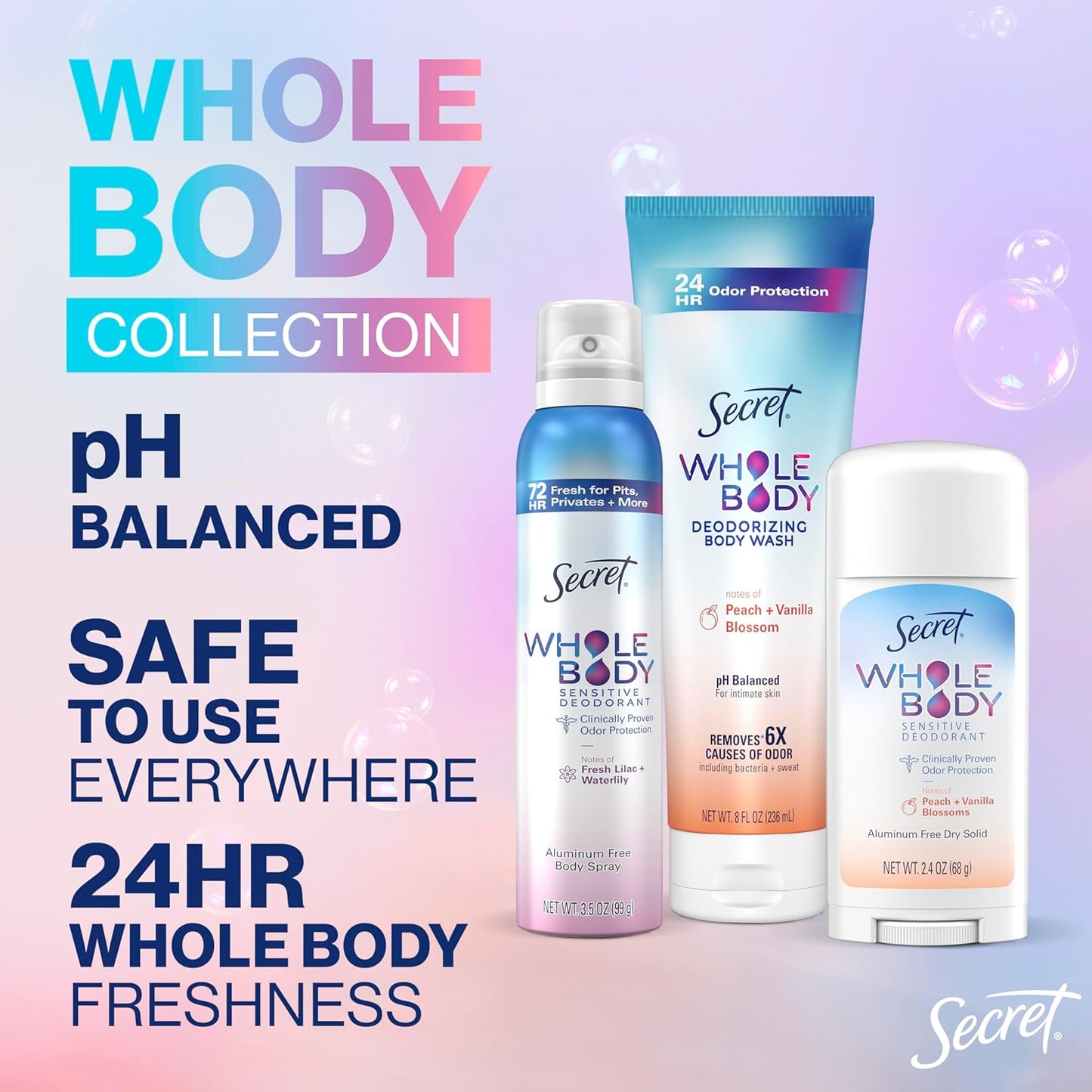 Secret Feminine Wash - 24 HR Deodorizing Body Wash for Women | PH Balanced, Peach & Vanilla Blossom, 8 oz
