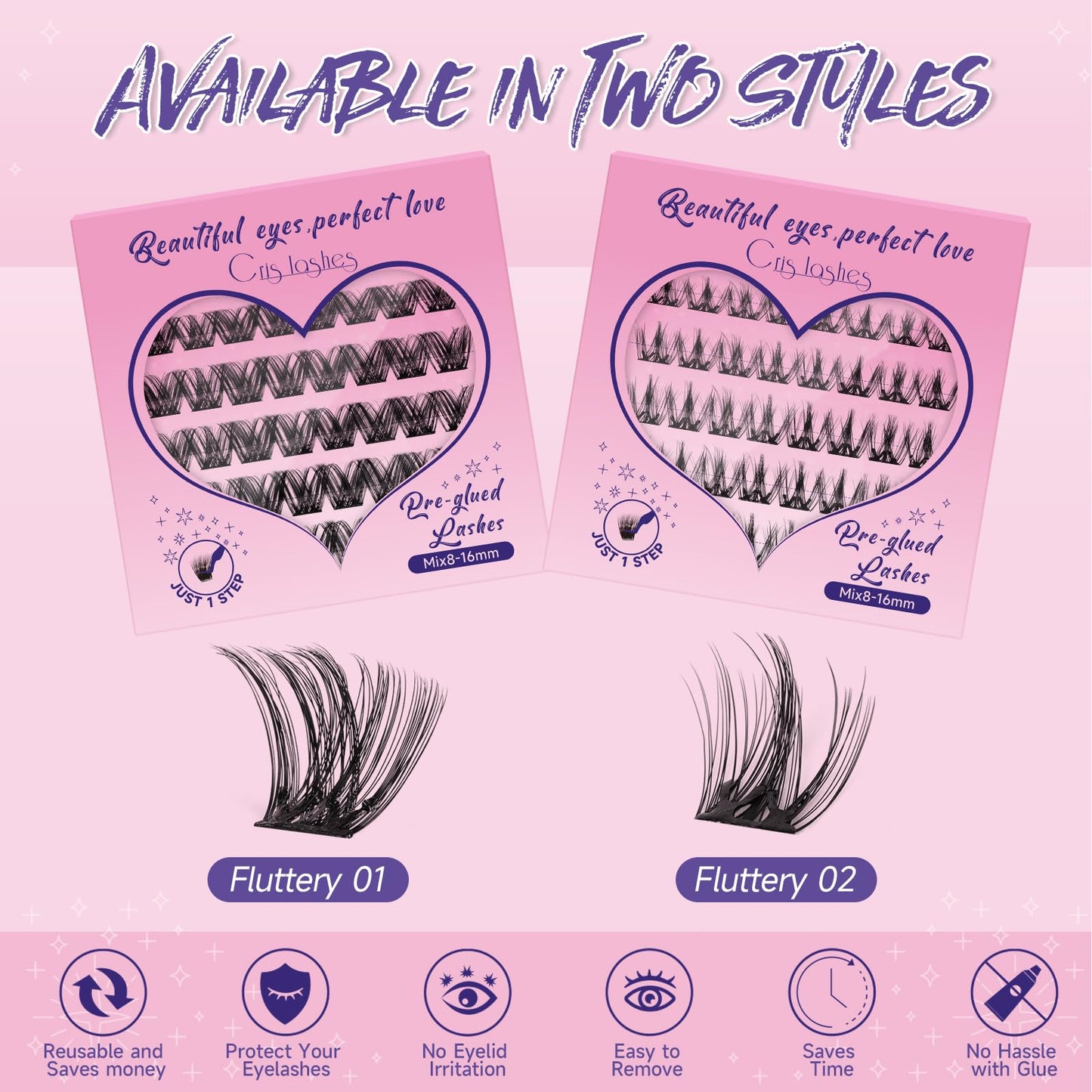 Crislashes Self Adhesive Eyelashes, 40pcs Pre-glued Lash Clusters Kit, Mix8-16mm D Curl Cluster Lashes Kit with Non-stick Tweezer, Reusable No Glue Needed Easy to Use (Fluttery 01)