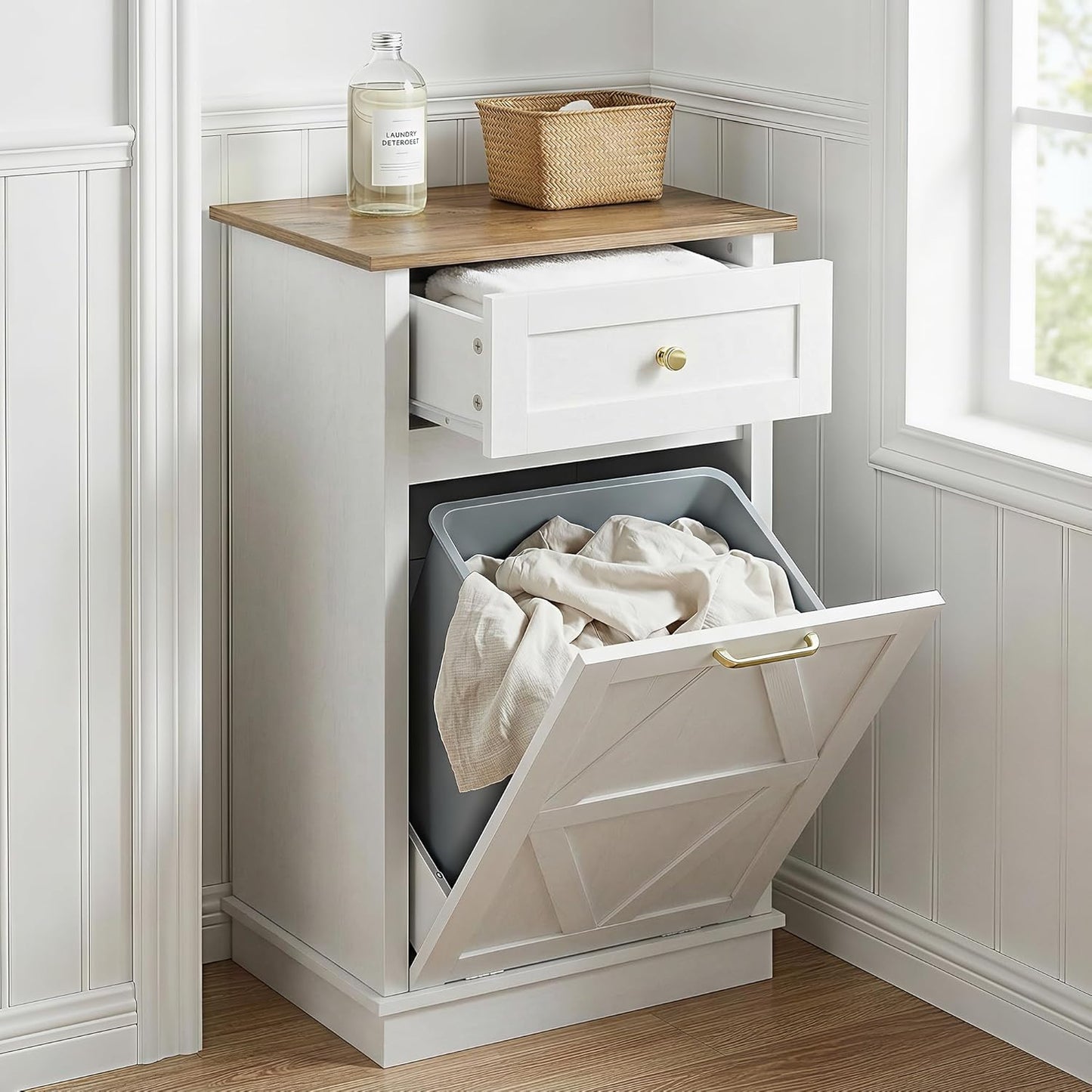 YESHOMY Tilt-Out Trash Cabinet - 10 Gallon Hidden Wooden Bin for Kitchen & Dining Room - White Finish