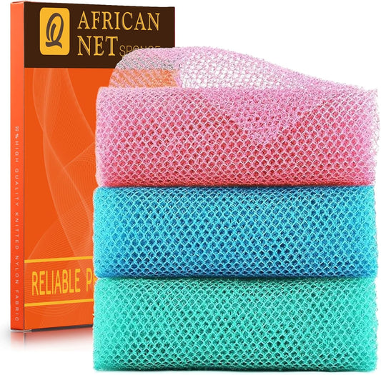 UJFQBH African Exfoliating Net - 3-Piece Bath Sponge Set for Smooth Skin | Pink, Blue, Green
