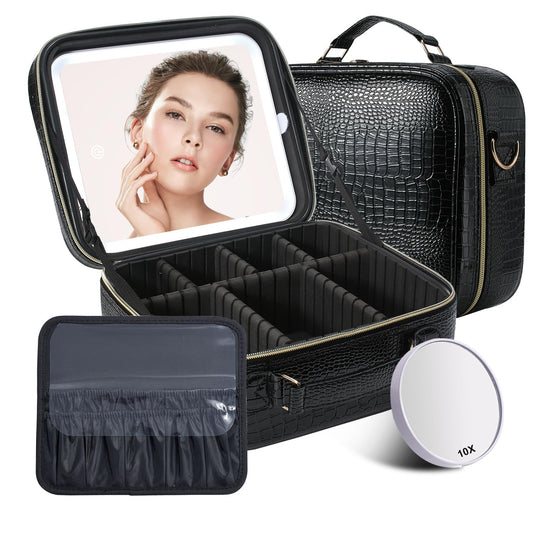 Mocado Travel Makeup Bag with LED Lighted Mirror, Travel Makeup Organizer, Makeup Case with 3 Color Lighted Setting and 10x Magnifying Mirror, Portable Storage and Adjustable Dividers (Crocodile)