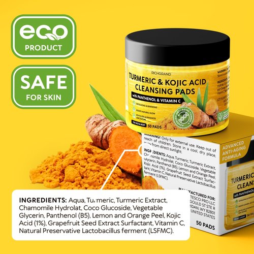 Turmeric Kojic Acid Cleansing Pads for Face - Exfoliating Sponges with Vitamin C & Lemon - Foaming Facial Wash for Glowing Skin & Uneven Tone Support - Gentle Daily Scrub
