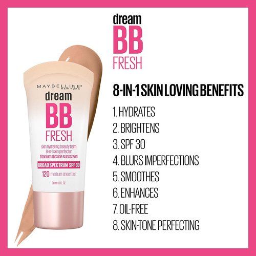 Maybelline Dream Fresh BB Cream - 8-in-1 Hydrating Beauty Balm with SPF 30 | Sheer Tint, Oil-Free, 1 Fl Oz