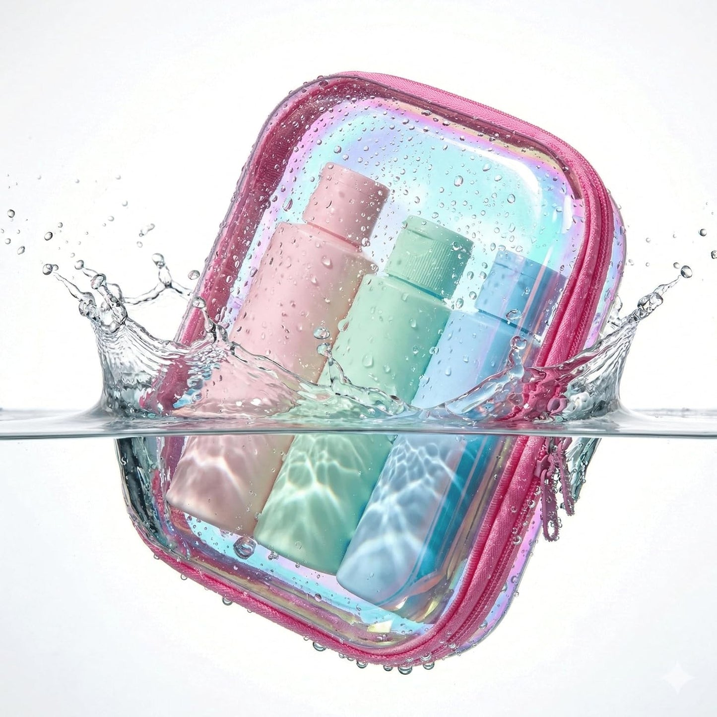 Skiennix Clear Hard Shell Zipper Case - Iridescent Makeup & Toiletry Bag Set | 2pcs Large Capacity, Water-Resistant