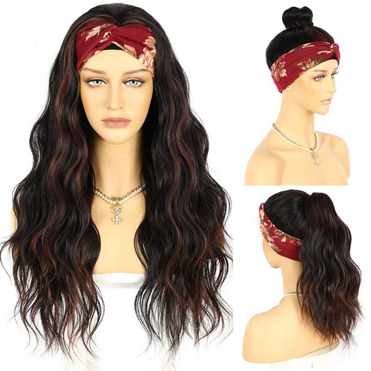 SAPPHIREWIGS Headband Wigs Synthetic Glueless Headband Wig Loose Body Wave Black Mix Red Highlight Color 150% Density Heat Friendly Headband Wigs for Black Women 26inch