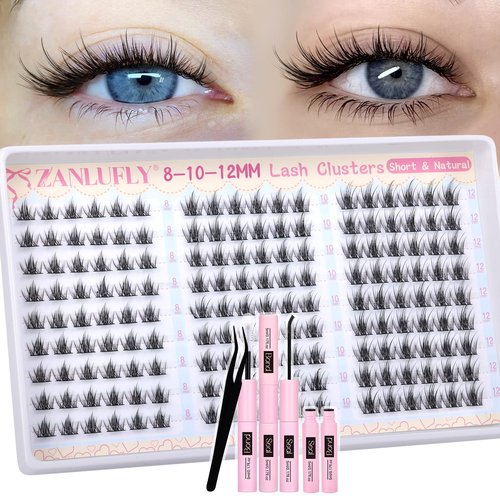 Natural Lash Clusters Kit 8-10-12mm Short Eyelash Clusters Kit Wispy Cluster Eyelash Extensions C Curly Individual Lash Extensions DIY Eyelash Extension with Lash Bond and Seal, Tweezers by ZANLUFLY