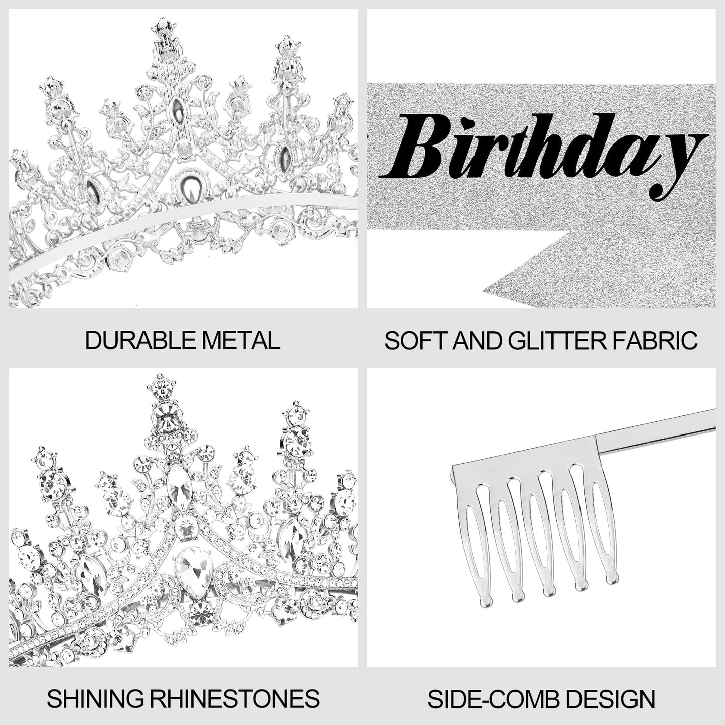 CURASA Birthday Sash and Crown Silver Birthday Sash for Women Birthday Crown Adult Women Giltter Its My Birthday Sash Birthday Tiara for Women Girls Princess Crown Birthday Decoration Party Favors Gifts