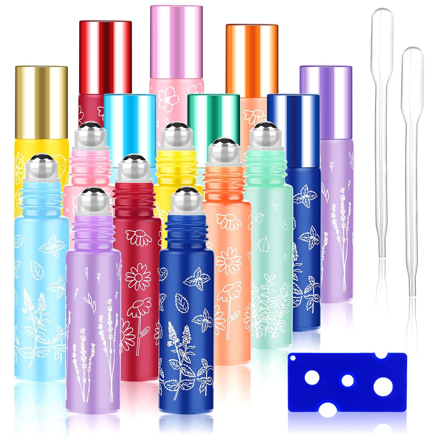 Essential Oil Roller Bottles,10ml Roll on Bottle with Stainless Steel Balls,8 Pack Portable Refillable Colorful Frosted Perfume Sample Bottles DIY Empty Containers for Lip Oil,Opener&Dropper included
