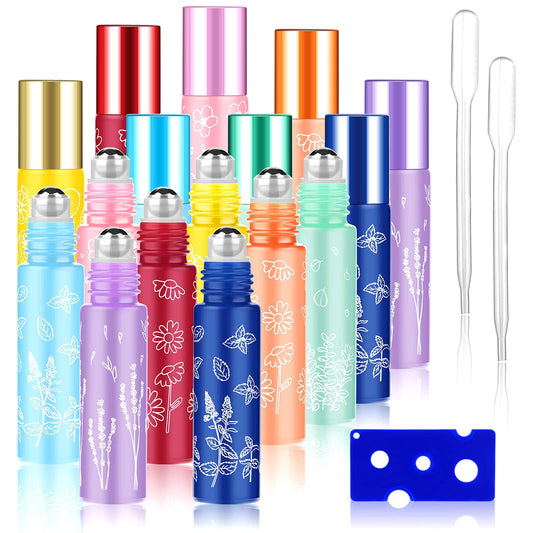 Essential Oil Roller Bottles,10ml Roll on Bottle with Stainless Steel Balls,8 Pack Portable Refillable Colorful Frosted Perfume Sample Bottles DIY Empty Containers for Lip Oil,Opener&Dropper included