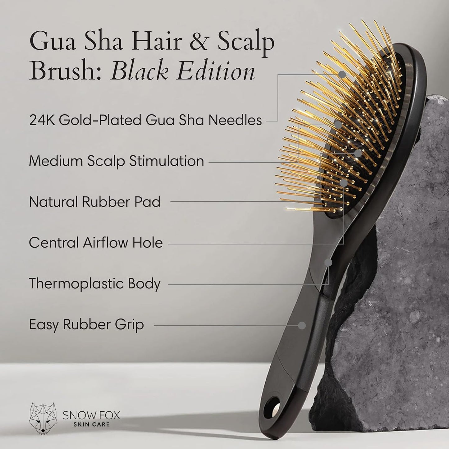 Snow Fox Skincare Gua Sha Hair Brush - Black Edition | Scalp Massage Comb with Gold-Plated Bristles for Healthy Hair