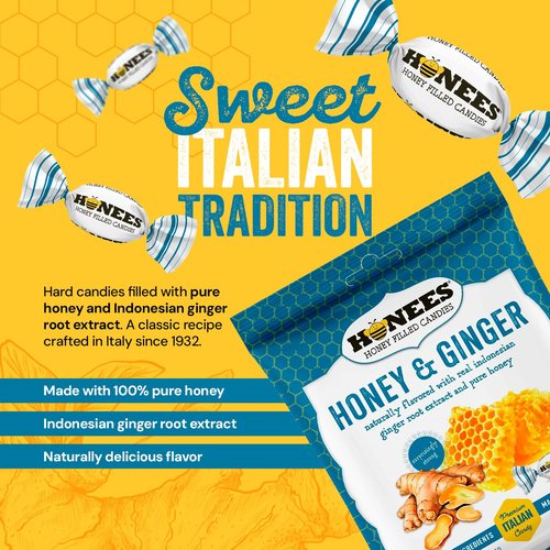 Honees Honey & Ginger Hard Candy - Natural Italian Treats with Real Honey & Ginger | 2.85 oz Pack
