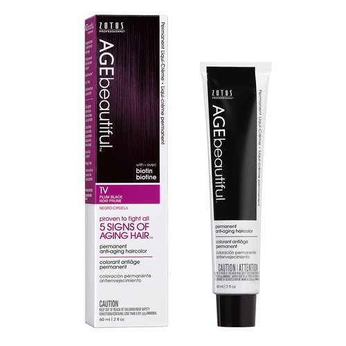 AGE beautiful Permanent Hair Color Dye Liqui Creme | 100% Gray Coverage | Anti-Aging Haircolor | Biotin for Thicker, Fuller Hair | Professional Salon Coloring | 1V Plum Black