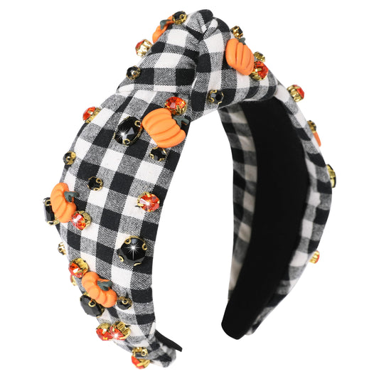 Gmmidea Halloween Pumpkin Headbands for Women Girls Halloween Accessories Outfits Sparkly Rhinestone Jeweled Knotted Headband Fashion Wide Twisted Black and White Plaid Hairband