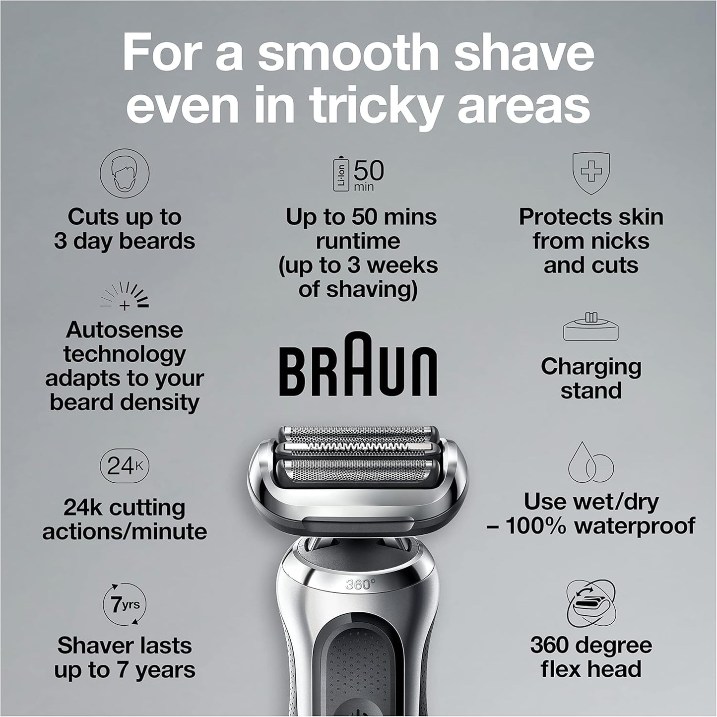 Braun Series 7 7032CS Electric Razor for Men - Wet & Dry Rechargeable Foil Shaver with Beard Trimmer | Silver
