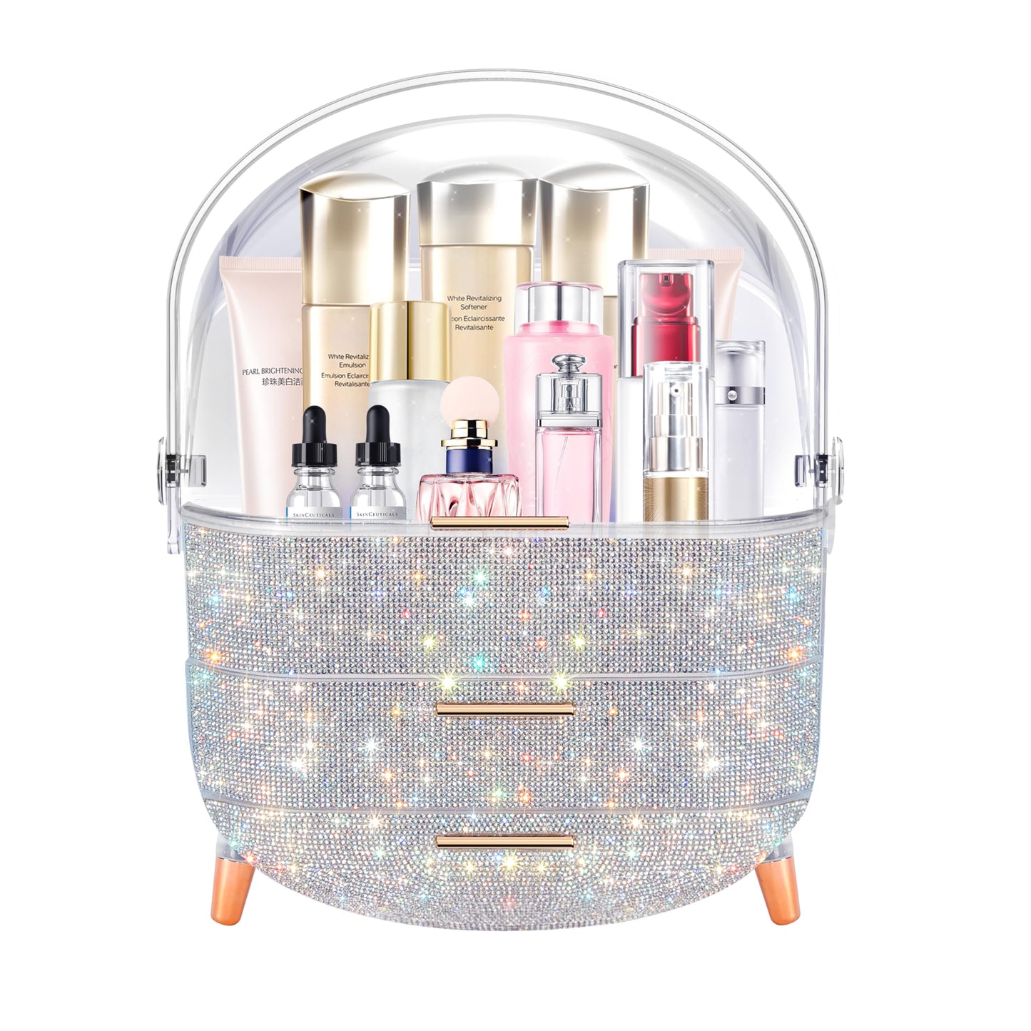 MASSY Egg Shape(Oval) Makeup Storage Box, Countertop Portable Vanity Cosmetics Organizer Preppy Style