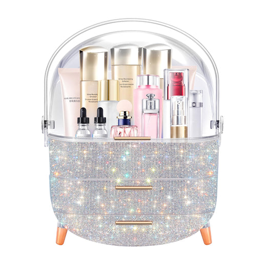 MASSY Egg Shape(Oval) Makeup Storage Box, Countertop Portable Vanity Cosmetics Organizer Preppy Style