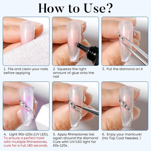Nicedeco No Wipe Rhinestone Glue for Nails 30ml, 3D Strong Adhesive Nail Charms Nail Gems Nail Art Glue for Crystal Stones Jewels Diamonds, Nail Lamp Required