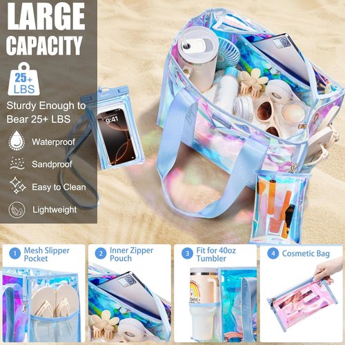 Bagstellar Iridescent Beach Tote Bag - Large Waterproof & Sandproof with Makeup Bag & Pouch | Adjustable Strap, Packable Travel Essential for Women