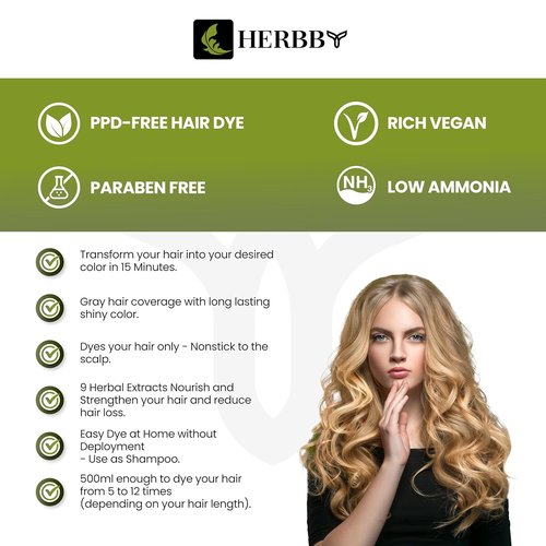 HERBBY Hair Color Shampoo - Gray Coverage & Color Transformation with 9 Herbal Extracts | Long-Lasting Shine, 500ml (Blonde Brown)