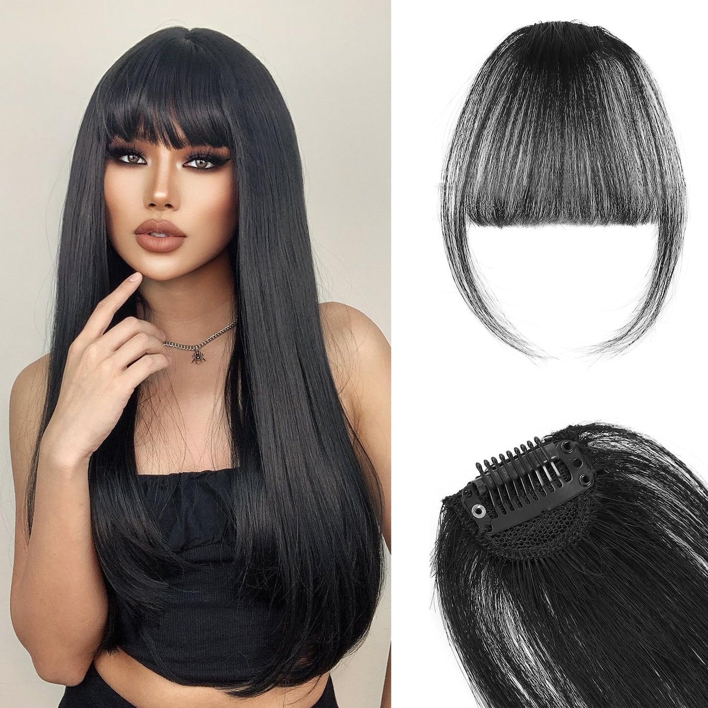 CQLIIIA Clip in Bangs Natural Black 100% Real Human Hair Fake Bangs Easy to Use Shape Face Wispy Bangs for Women Fringe with Temples Hairpieces for Daily Wear