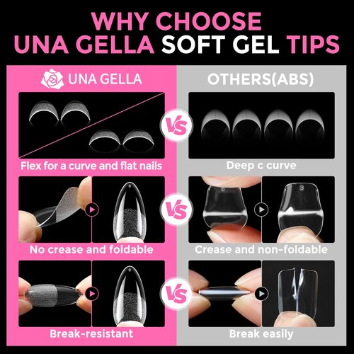 UNA GELLA Almond Nail Tips 216pcs Medium Almond Press on Nails Pre-Shape Gel Fake Nails for Full Cover Acrylic French False Nails for Nail Extension, DIY Salon 12 Sizes Gelly Tips