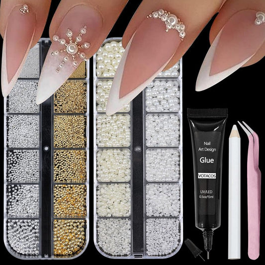 VOTACOS Nail Art Pearls with Nail Rhinestones Glue Gel Flatback Pearls Nail Charms Luxurious Nail Supplies Accessories Gold Silver Nail Gems Jewelry Pearls for Women Nail Design