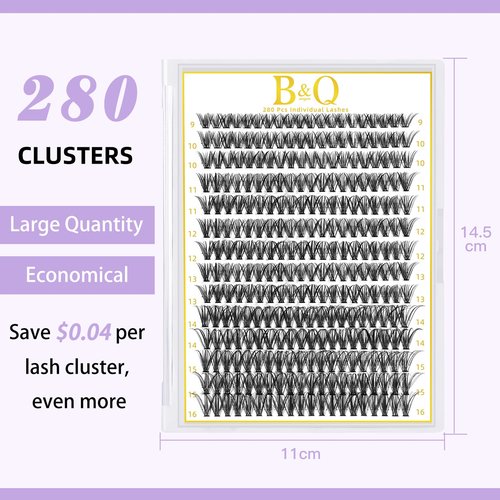 B&Q Lash Clusters 280PCS Natural Eyelash Clusters 40D D 9-16mm Individual Lash Wispy Eyelash Extension with Soft Thin Band Classic Look Pestañas Postizas Comfortable DIY at Home(40D-D-9-16mm)
