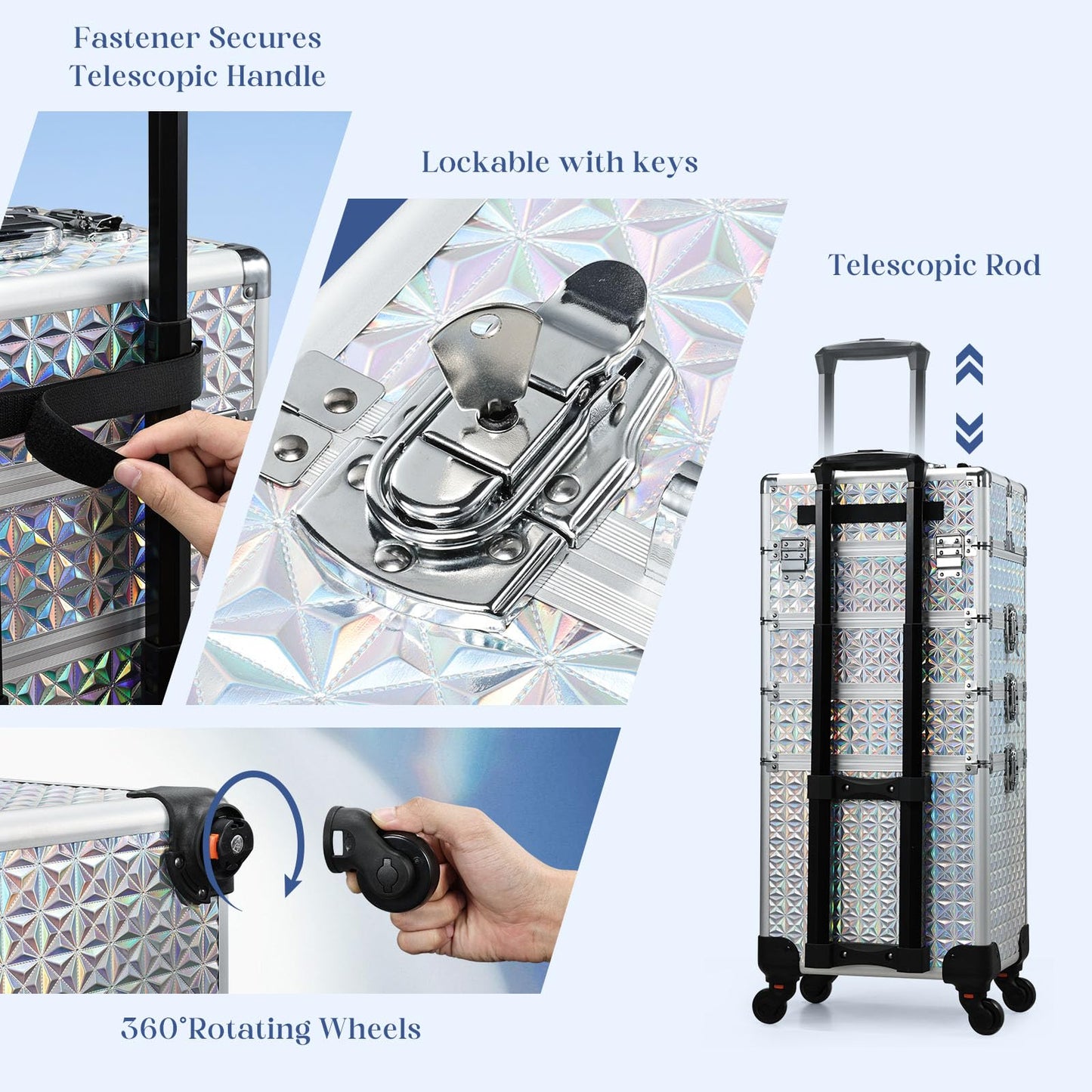 Stagiant Rolling Makeup Train Case Large Storage Cosmetic Trolley 4 in 1 Large Capacity Trolley Makeup Travel Case with Key Swivel Wheels Salon Barber Case Traveling Cart Trunk Shiny Silver