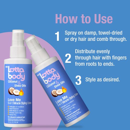 Lottabody Love Me 5-n-1 Leave-In Treatment with Coconut & Shea Oils, Lightweight, All-In-One, Leave-In Spray for Detangling Heat Protection Moisture Shine & Frizz Control, 5 oz