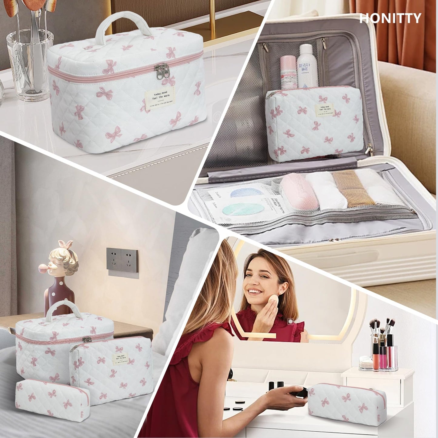 honitty Makeup Bag,Quilted Cosmetic Bag,Large Floral Make Up Bag for Women,Cotton Makeup Bag Set,Flower Travel Toiletry Bag