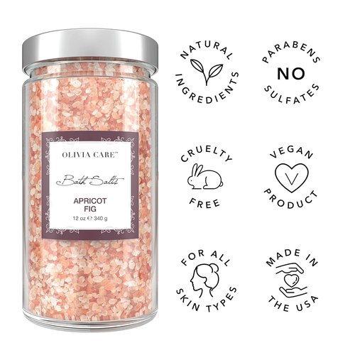 Olivia Care Pink Himalayan Bath Salts - Relieve & Relax Muscles, Exfoliate & Rejuvenate Skin | Natural Ingredients, Fresh Apricot Fig Fragrance - 12 OZ