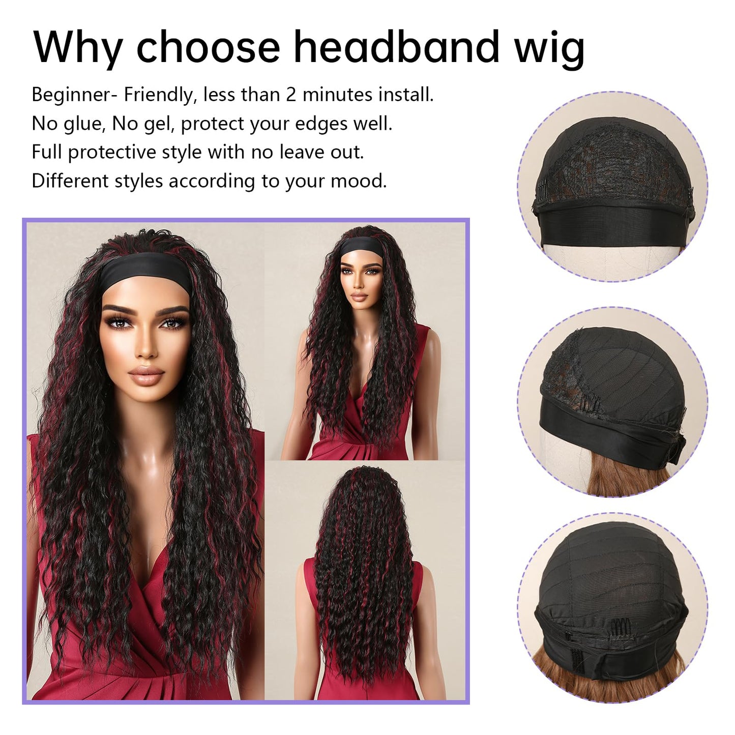 testar Headband Wig Deep Wave Black Curly Wigs for Black Women Long Black With Red Highlight Synthetic Wavy Wig Curly Hair Natural Looking 26 IN