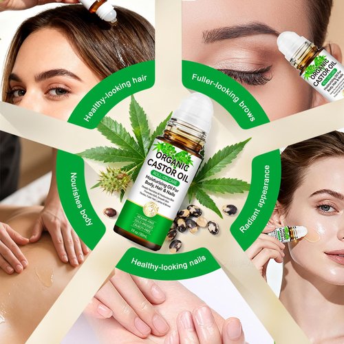 Acorn + Oak Organic Castor Oil 1 fl.oz,100% Pure Cold Pressed for Hair Growth, Eyebrows & Eyelashes – Natural Moisturizer for Skin & Nails – Roll-On Glass Bottle, Multi-Purpose Care