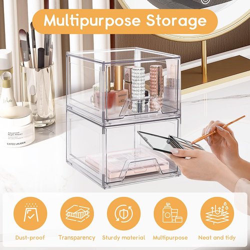 2 Pack Stackable Makeup Organizer, 4.4'' Tall Acrylic Bathroom Organizer and Storage Drawers, Clear Plastic Drawer Storage Bins For Vanity, Undersink, Cabinets, Pantry